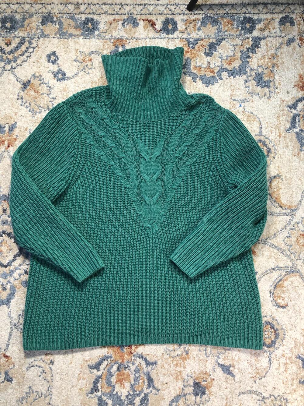 Lands' End Sweater Womens 2X Green Cable Knit Turtleneck Chunky Pullover